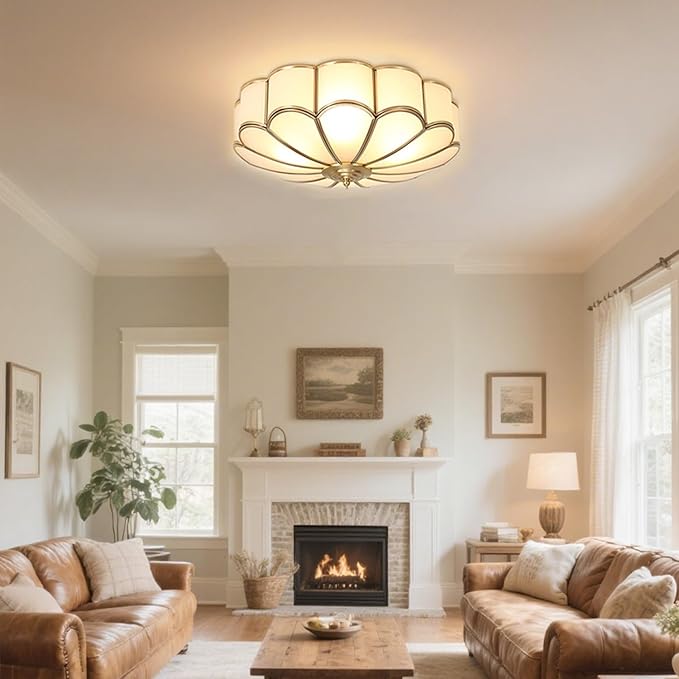 MIXL-Mid Century Brass Flush Mount Ceiling Light,14 Inch Bedroom Light Fixture,Vintage Style Ceiling Lamp for Living Room and Entyrway