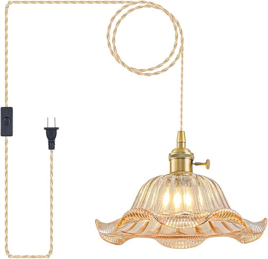 Plug in Pendant Light Vintage, Adjustable Pulley Hanging Lamp with Amber Lily Glass Shade, Brass Hanging Lights with Plug in Cord for Bedroom Kitchen, Compatible with Indoor Plant Grow Light Bulbs