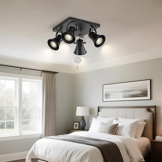 KEESFU 4-Light Square Ceiling Light Fixture with Pull Chain Switch, Black Adjustable Track Lighting,Flush Mount Directional Ceiling Lamp for Foyer Living Room Bedroom Kitchen Dining Area