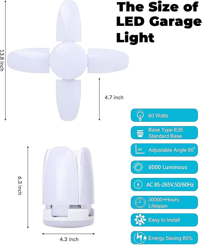 4 Pack LED Garage Lights, 6000LM 60W Deformable Shop Light with 4 Adjustable Panels, 6000K Garage Lights Ceiling Led, E26 Base - 360° Foldable Design for Warehouse/Basement/Workshop
