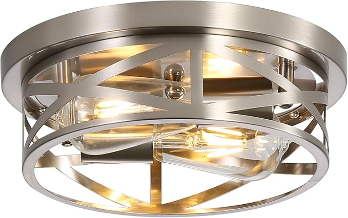 Close to Ceiling Light Fixtures, 2-Light Brushed Nickle Flush Mount Ceiling Light, 11 Inch Metal Cage Cross Modern Indoor House Ceiling Lights for Kitchen Bedroom Living Room Foyer Hallway Office