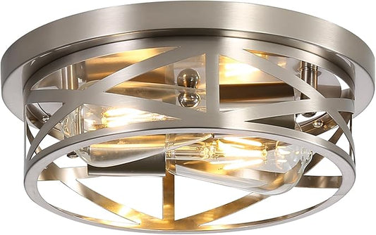 Flush Mount Ceiling Light Fixtures, Indoor Cage Brushed Nickle Close to Ceiling Light, 11 in Metal Modern Rustic Industrial House Lights for Hallway Kitchen Bedroom Entryway Office