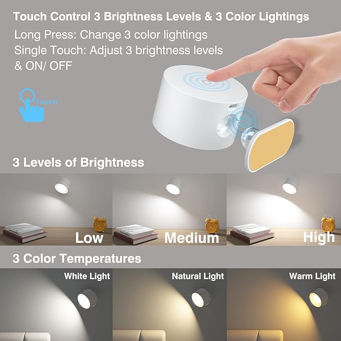 AKSDA Battery Operated Wall Light, LED Lamp with 360 Adjustable Lighting Indoor, 3 Color Modes, 3 Brightness Levels, Touch Control, Mounted for Bedroom, Reading, Bedside - 1 Pack, White
