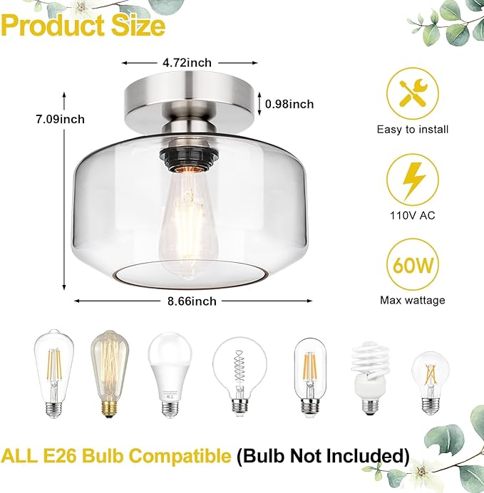 Lynnoland Industrial Semi Flush Mount Ceiling Light Brushed Nickel, Clear Glass Shade Ceiling Light Fixture, Farmhouse Light Fixture for Hallway Corridor Kitchen Bathroom Bedroom Foyer