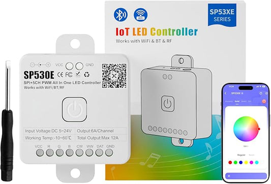 PAUTIX SP530E WiFi Bluetooth LED Controller Alexa/Google 12-in-1 LED Dimmer Support PWM/SPI Single Color CCT RGB RGBW RGBCCT IC LED Strip WS2811 WS2812,for COB/5050 2835 LED Strip Lights DC5V 12V 24V