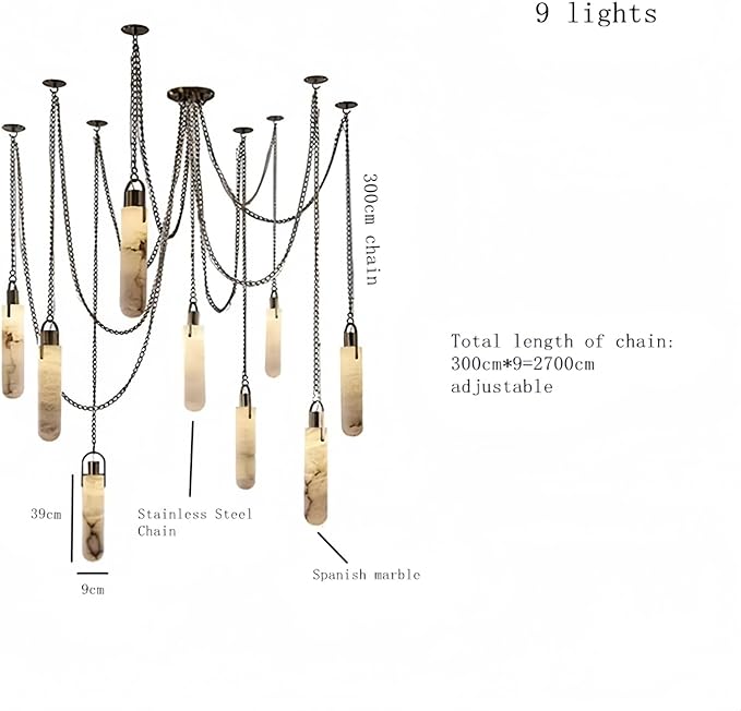 RUIBO Alabaster 9 Light LED Multi-Drop Hanging Pendant Lighting,Cylinder Natural Marble Multi Light Pendant Lights,Living Dining Room Loft Bedroom Modern LED Hanging Lamps(E14)