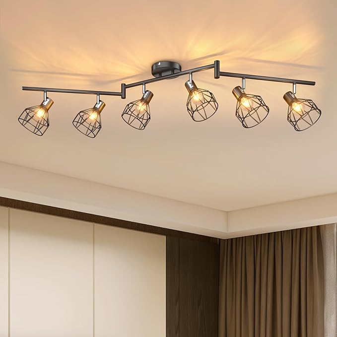 GORDNWE 6-Light Track Kits, Adjustable Track Fixtures - E12 Metal Wire Cage Retro Ceiling Lighting - Black for Kitchen, Living Room, Bedroom