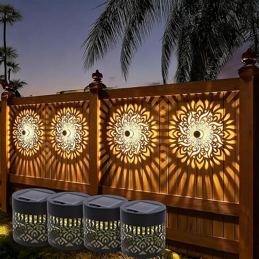 4 Pcs Solar Mandala Lights Outdoor: Metal Waterproof Solar Wall Lights with Decorative Projection Pattern - Solar Garden Lights for Fence Patio Deck Backyard Walkway Yard Decor