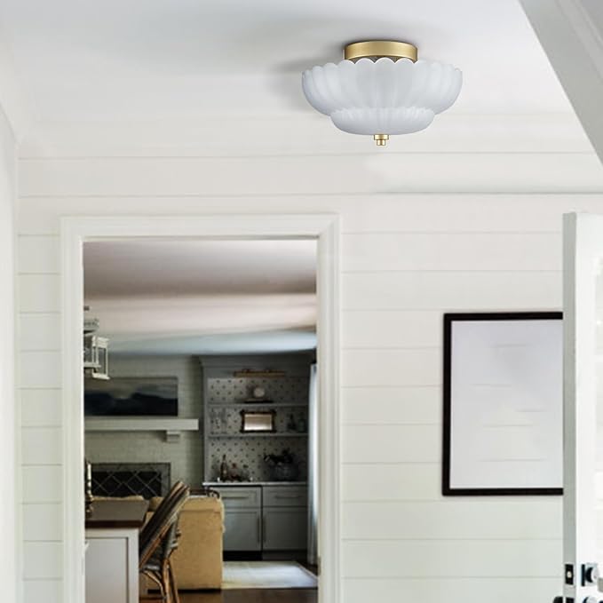 HYDELITE Gold Flush Mount Ceiling Light Fixture Modern Semi Flush Mount Ceiling Light Vinatge Close to Ceiling for Bathroom Bedroom Entryway Kitchen Scalloped Frosted Milk Glass