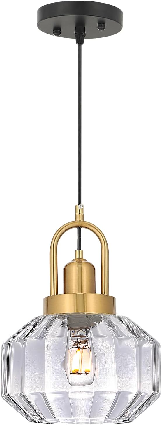 9in Mid Century Modern Clear Glass Pendant Light Fixture, Small Gold Kitchen Island Pendants Light Glass Ceiling Hanging Lamp for Foyer Dining Room Bedroom Entryway Hallway Over Sink