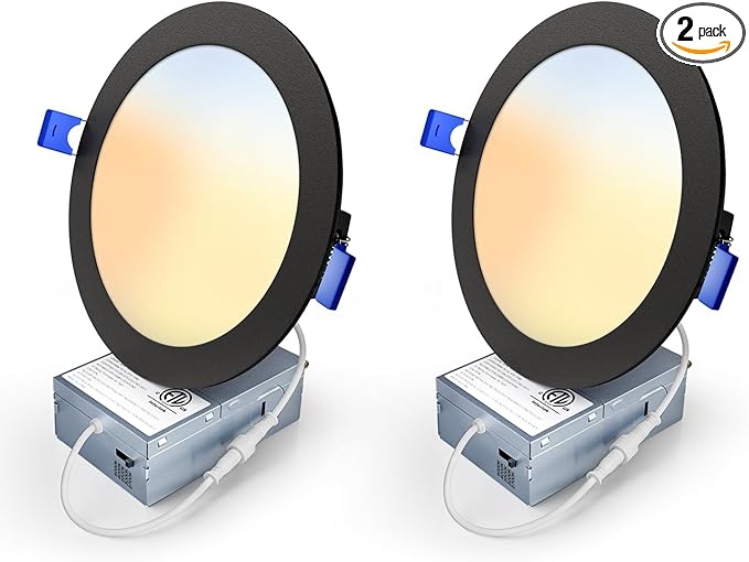2 Pack 6 Inch 5CCT LED Recessed Light, Silm Canless Recessed Lighting, Dimmable, Damp Rated, 2700K-5000K, Wafer Ceiling Downlight with Junction Box, 1200LM, 12W 120V, Black, ETL&FCC