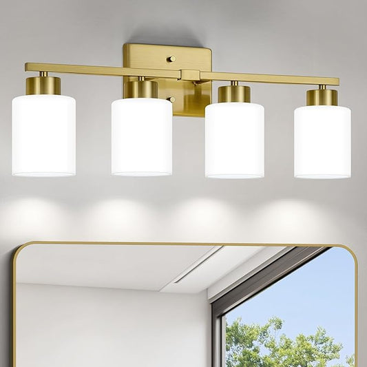 FonmYim Brushed Gold Bathroom Light Fixtures, 4-Light Modern Vanity Light Over Mirror, Wall Sconces with Milky White Frosted Glass Shades, E26 Socket (Bulbs Not Included)