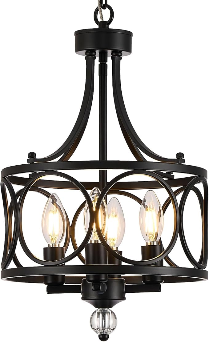 4-Light Chandelier,Round 11.2in,E12 Base - Black Metal Farmhouse Lantern Pendant Light Fixture,Adjustable Hanging Ceiling Lighting,for Kitchen Island,Bedroom,Entryway,Dining Room