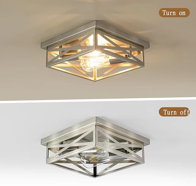 Farmhouse 2-Light Semi Flush Mount Ceiling Light Fixture, Modern Metal Cage Brushed Nickel Square Close to Ceiling Lamp, E26 Base Chandelier Ceiling Mount, Pendant Lighting for Hallway, 2Pack