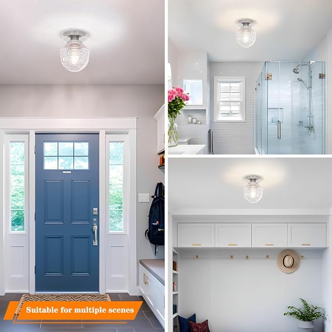 DSMJFU Brushed Nickel Semi Flush Mount Ceiling Light, Small Blowing Clear Glass Shade Ceiling Light Fixtures for Bedroom Closet Bathroom Hallway Kitchen