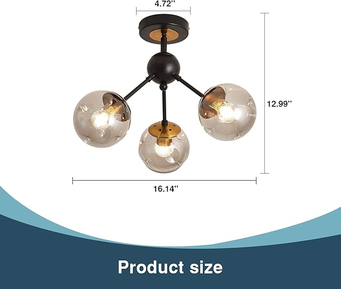 SZXYKEJI 3-Light Chandelier ，Vintage Semi Flush Mount Ceiling Light Fixture with Glass Globe， Black Ceiling Light for Hallway Stairway Porch Entryway Kitchen Bedroom Laundry Farmhouse..