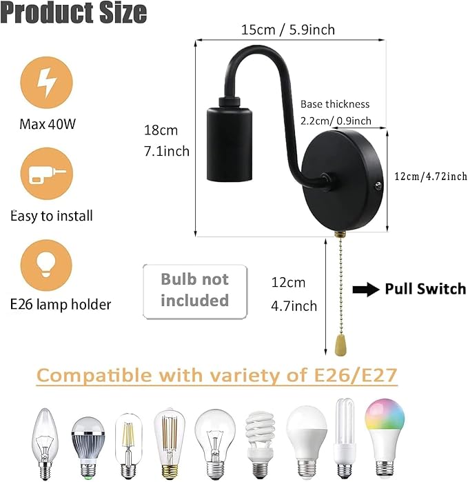 Vintage Pull Chain Wall Sconce Light with Switch Black Wall Lights Fixture Retro E26 Industrial Farmhouse Wall Lamp Hard Wired Sconces Lighting for Mirror Bedroom Bathroom Hallway (1-Light)