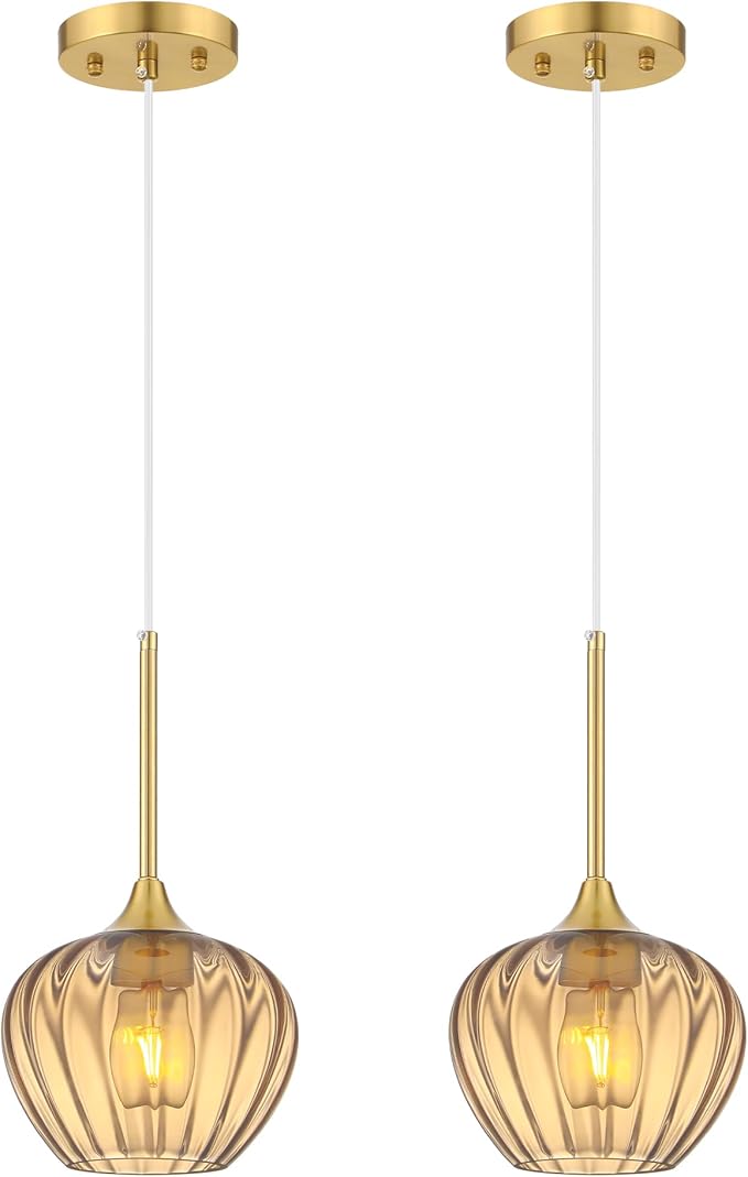 2-Pack Amber Glass Pendant Lights for Kitchen Island, 7" Modern Pendant Lighting Vintage Gold Light Fixtures Adjustable Hanging Light for Kitchen, Dining Room, Bar, Bathroom