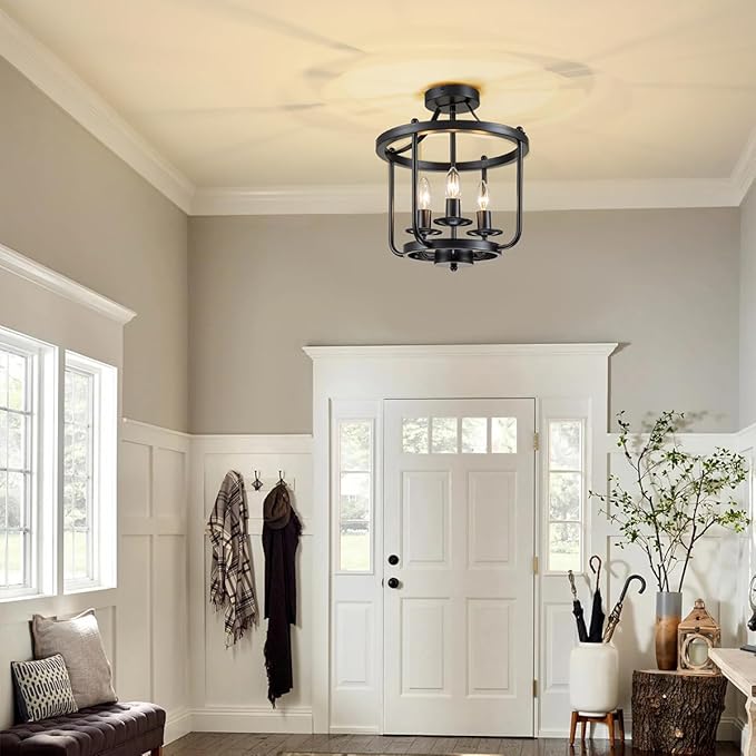 Farmhouse Semi Flush Mount Ceiling Light Fixtures, Industrial Rustic Ceiling Lamp Metal Cage Hallway Light Fixtures(3-Light Black Finish)