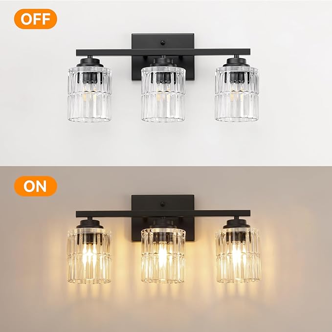 TALOYA 19 Inch Bathroom Light Fixtures,Modern 3-Light Brushed Black Vanity Lights with Wide Vertical Ribbed Thickened Glass Shade Wall Sconces for Mirror Makeup Room Hallway（Bulbs Not Included）