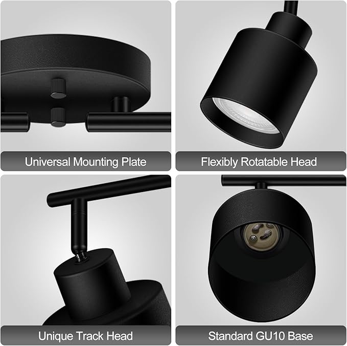 4-Light Led Track Lighting,Black Ceiling Lighting Fixtures,Wall Sconces Ceiling Spotlight with Foldable Light Arms for Kitchen, Closet, Bedroom,GU10 Socket, Bulbs Not Included