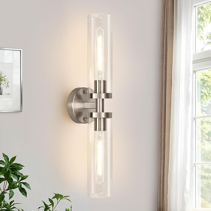 Indoi Brushed Nickel Wall Sconces, Hardwired Bathroom Sconces Vanity Light with Clear Glass, Modern Bathroom Vanity Lights fixtures for Mirror Bedroom Living Room Hallway Kitchen