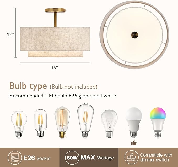 16" Double Drum Gold 3-Light Semi Flush Mount Ceiling Light, Classic Fabric Linen Shade Design for Living Room, Bedroom, Kitchen, Dining Room, Hallway and Entryway