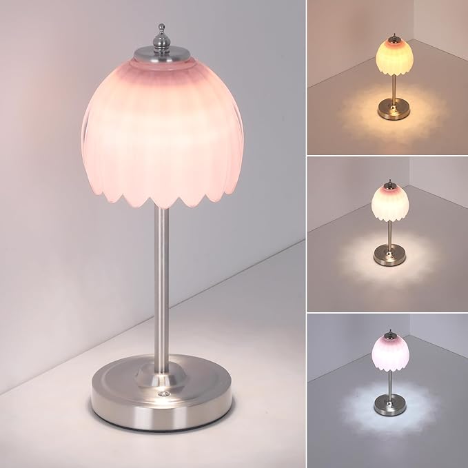 Shenmoyl Rechargeable Table Lamp with 5200mAh Battery & Touch Control - 3 Adjustable Color Temperatures, Cordless Dimmable Table Light for Bedroom, Office Desk, Nightstand (Creamy Pink,Silver Base)