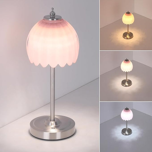 Shenmoyl Rechargeable Table Lamp with 5200mAh Battery & Touch Control - 3 Adjustable Color Temperatures, Cordless Dimmable Table Light for Bedroom, Office Desk, Nightstand (Creamy Pink,Silver Base)