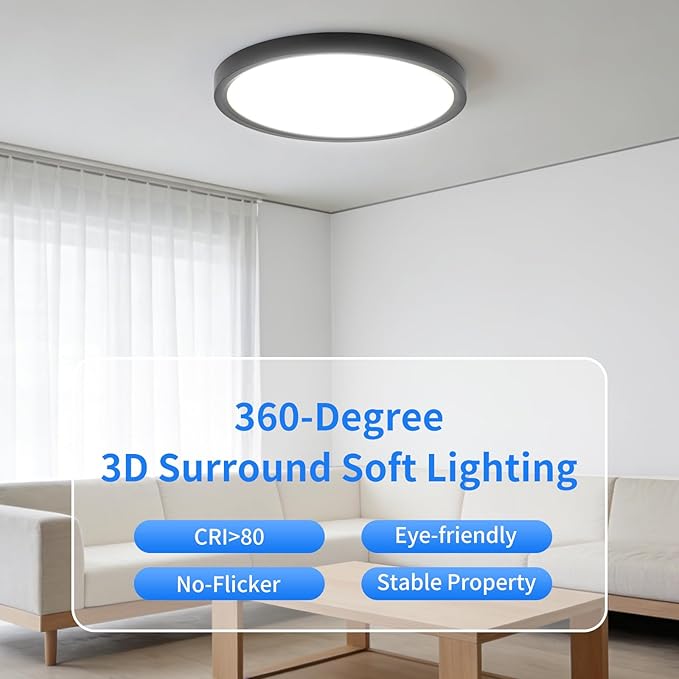 6PK 12 inch LED Flush Mount Ceiling Light Fixture,24W Super Slim Black LED Ceiling Light 2400LM,3000K/4000K/6000K CCT Selectable,Close to Ceiling Round Flat Panel Lightfor Bedroom,Kitchen,Hallway