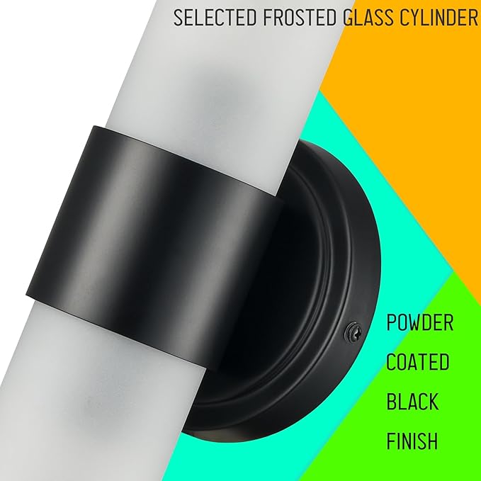 DAYCENT Modern Black Bathroom Vanity Lights Farmhouse 2-Light Frosted Glass Wall Sconce Matte Black Cylinder Sconces Wall Lighting for Bedroom Hallway Living Room, 20" H
