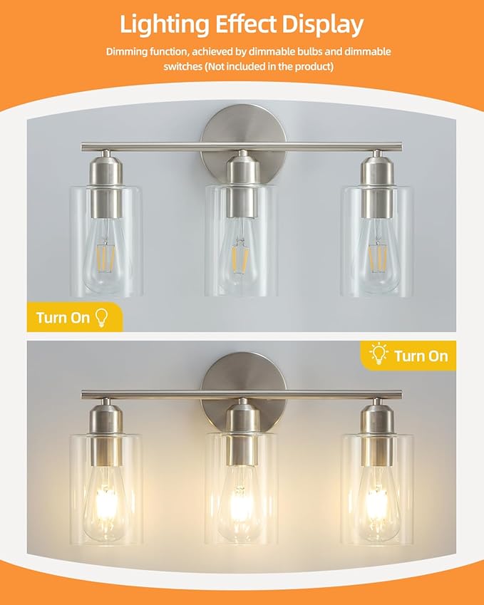 3-Light Bathroom Light Fixtures, Brushed Nickel Bathroom Vanity Lights, Bathroom Lighting Fixtures Over Mirror with Clear Glass Shade, Wall Sconce Light for Bedroom, Living Room and Hallway