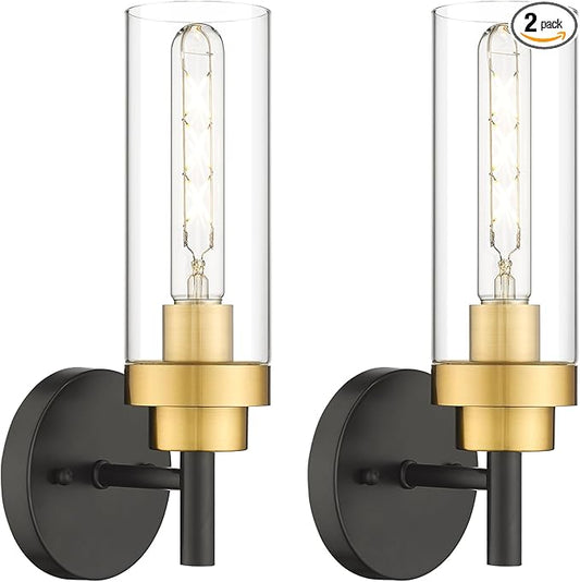 Emak Black and Gold Sconces Wall Decor Set of 2, Bathroom Vanity Light with Clear Glass Shade, Modern Wall Sconce for Bathroom, Bedroom, Living Room, Hallway, WS085-BKBGD-2PK