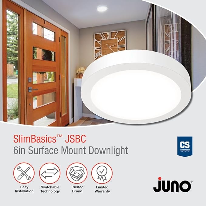 Juno Slim Basics 6 Inch LED Ceiling Light, Low Profile Surface Mount Downlight for Shower or Closet Lighting, 3000K/4000K/5000K Selectable White Light, Edged Trim, Wet Rated, Matte White