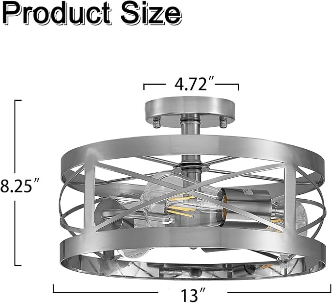 Modern 3-Light Semi-Flush Mount Ceiling Light 13 Inches Round Lighting Fixtures for Kitchen Island Dining Room Bedroom Farmhouse Foyer Hallway Front Door, Brushed Nickel Finish