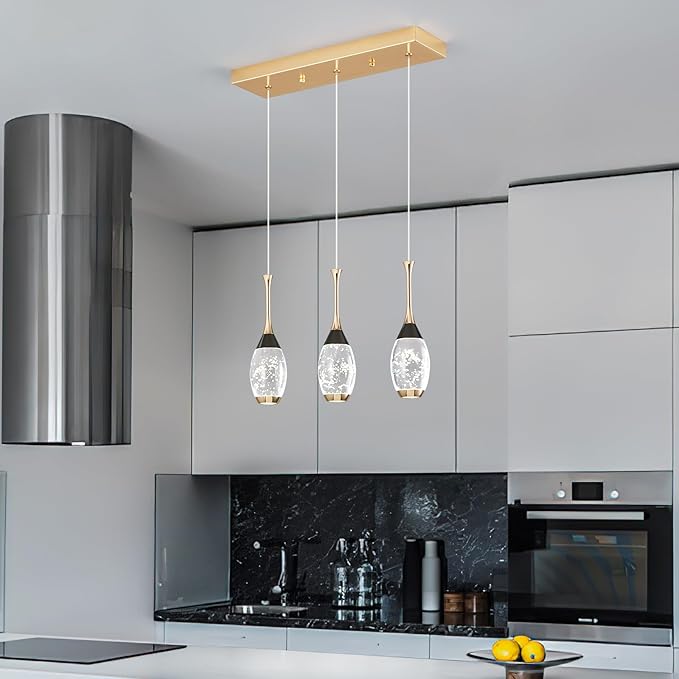 Modern Black Gold Pendant Light Dimmable LED Ceiling Light Fixtures Mini Teardrop Crystal Pendant Lighting for Kitchen Island Bedroom Hallway Entryway (3 Light，Champagne Gold)