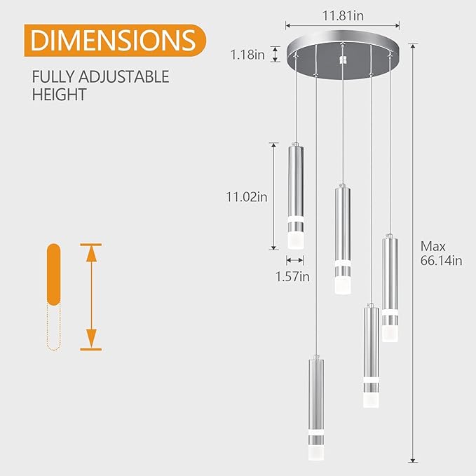 5-Light Modern Pendant Light Kitchen Island Light Fixture Dimmable LED Chrome Mini Pendant Lights Dinning Room Kitchen Chrome Pendant Lighting