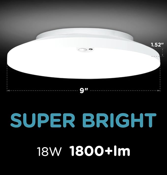 Motion Sensor Ceiling Light Hardwired, 9 Inch 18W Flush Mount Closet Light, 1800 Lm, 5 CCT 2700/3000/3500/4000/5000K, 4 Brightness Settable, Rimless 10% Standby Bi-Level with Delay Off, ETL Listed