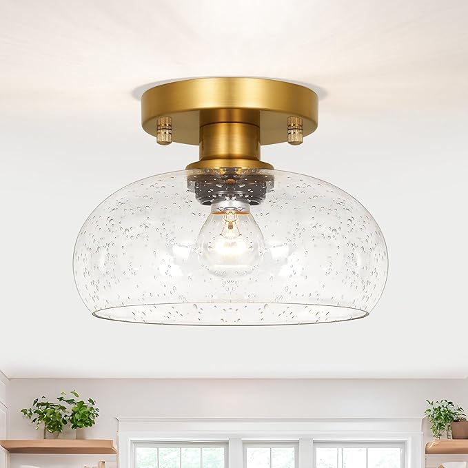 Modern Gold Semi Flush Mount Ceiling Light - Small Seeded Glass Shade for Even Illumination, 8 Inch Diameter Semi Flush Design Ideal for Low Ceilings in Hallways & Kitchens