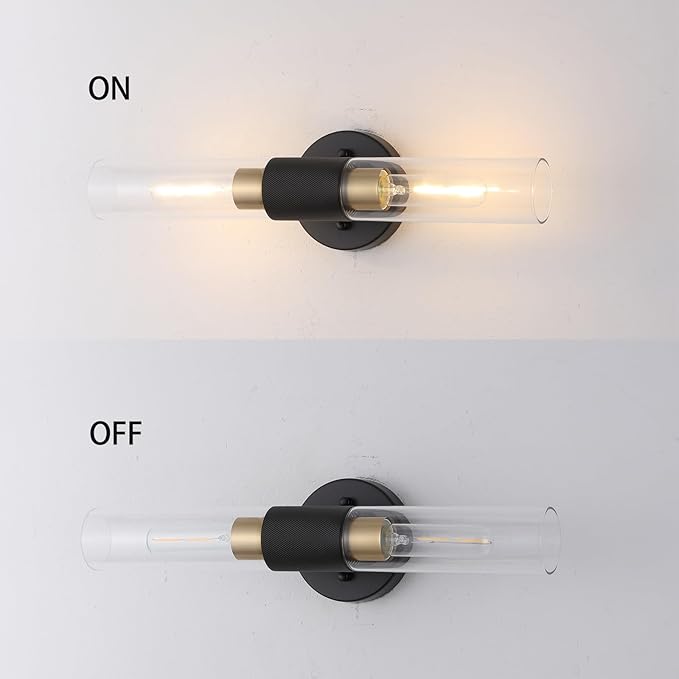 BYOLIIMA Modern Knurled Texture Wall Sconce Clear Glass Shade Modern Gold Black Bathroom Vanity Light Fixtures 2-Lights Mid Century Wall Light for Mirror Living Room Hallway E26 T10 Bulbs(Excluded)