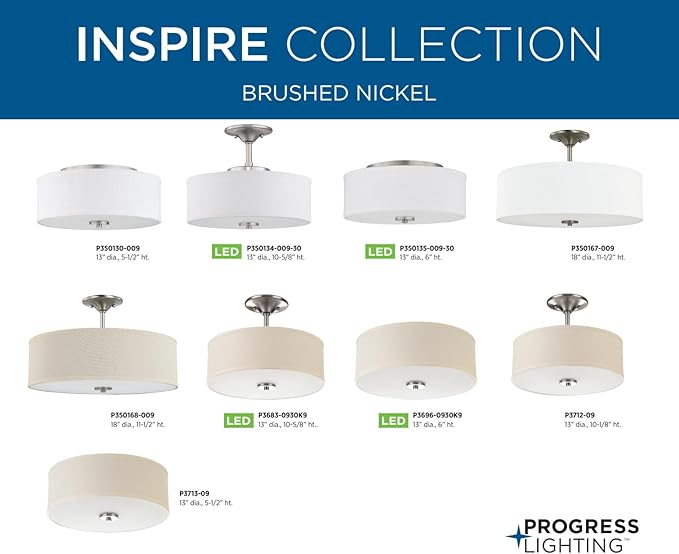 Progress Lighting Inspire Collection 2-Light Ceiling Light, Flush Mount Ceiling Light Fixture with Summer Linen Light Shade for Interior Kitchen Lights, Hallway, 13" by 5.5", Brushed Nickel