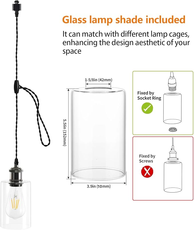 H Type Track Lighting Pendants with Glass, Cord Adjustable H Track Pendant Lights Fixtures with E26 Socket, Retro Vintage Style, Max Length 39.37in, Black 6 Pack (No Bulbs)