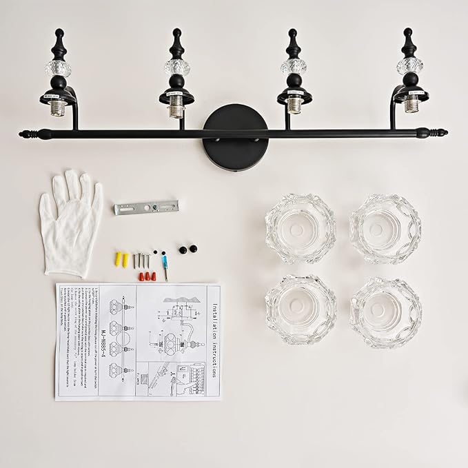 Vanity Light Fixture 4 Lights Bathroom Lighting Painted Black Surface with Thick Crystal Glass Shade, Vintage Vanity Light for Bathroom