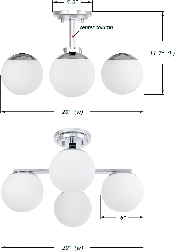 Chrome Semi Flush Mount Ceiling Light, 4-Ligh Modern Kitchen Lighting Fixtures with Globe Glass Shade, Hallway Light Fixtures Ceiling Mount for Dining Room, Living Room, Bedroom, Foyer