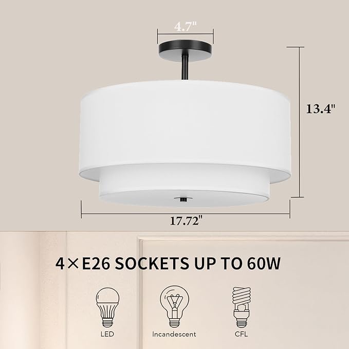 FRIDEKO HOME Ceiling Light Fixture-17.7 inch Light Fixtures Ceiling Mount with 2-Layer Fabric Shade Drum Lights for Living Room Kitchen Foyer Hallway