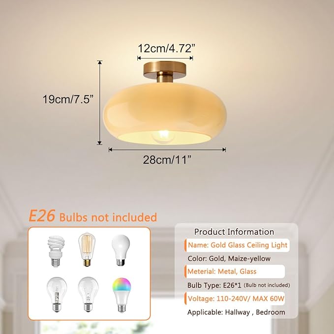 Brass Flush Mount Ceiling Light Mid Century Modern Ceiling Light fixtures Brushed Gold Milk Yellow Glass Semi Flush Mount Ceiling Light Farmhouse Hallway Dining Room Ceiling Lamp
