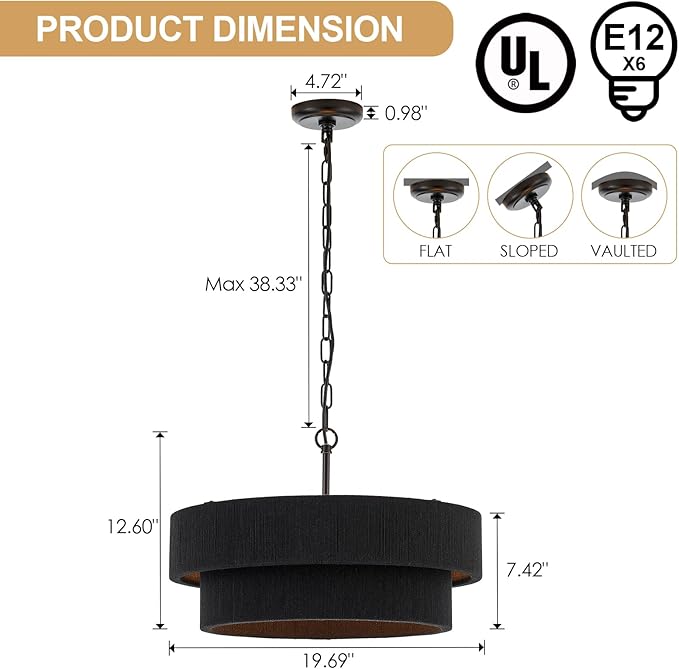20” Black Hand Woven Rattan Chandelier Boho Pendant Light Adjustable Modern Pendant Light for Kitchen Island Dining Living Room, UL Listed