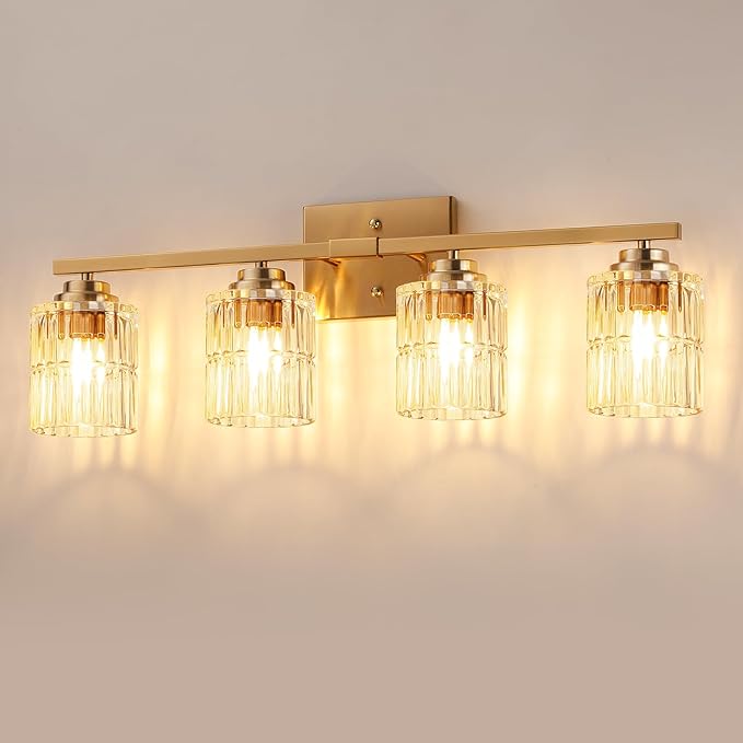 TALOYA 27 Inch Bathroom Light Fixtures,Modern 4-Light Brushed Gold Vanity Lights with Wide Vertical Ribbed Thickened Glass Shade Wall Sconces for Mirror Makeup Room Hallway（Bulbs Not Included）