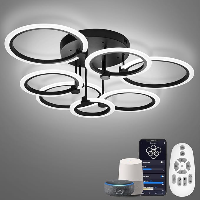 Smart LED Ceiling Light, 7-Ring Modern Flush Mount Fixture, 130W Dimmable 3000K–6500K, WiFi Alexa & App Control, Black Ceiling Light for Living Room Bedroom Kitchen (31.8")