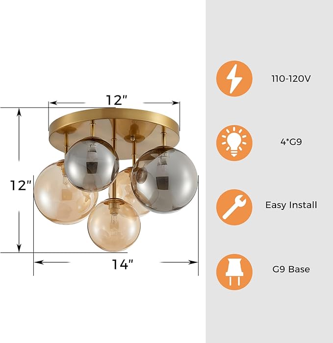 Shrine Lighting Gold Bubble Glass Ceiling Light, Flush Mount Ceiling Light for Living Room, D14'' x H12'', G9*4 Sockets, Globe Glass Shade & Gold Finish Frame